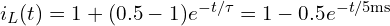  i_L(t) = 1 + (0.5 - 1) e^{-t/\tau} = 1 - 0.5 e^{-t/5\text{ms}} 