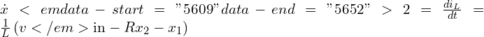  \dot{x}<em data-start="5609" data-end="5652">2 = \frac{di_L}{dt} = \frac{1}{L}\left( v</em>{\text{in}} - R x_2 - x_1 \right) 
