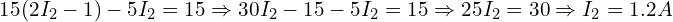  15 (2 I_2 - 1) - 5 I_2 = 15 \Rightarrow 30 I_2 - 15 - 5 I_2 = 15 \Rightarrow 25 I_2 = 30 \Rightarrow I_2 = 1.2 A 