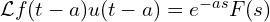  \mathcal{L}{f(t-a)u(t-a)} = e^{-as}F(s) 