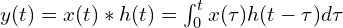  y(t) = x(t) * h(t) = \int_{0}^{t} x(\tau) h(t - \tau) d\tau 