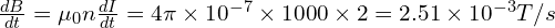  \frac{dB}{dt} = \mu_0 n \frac{dI}{dt} = 4\pi \times 10^{-7} \times 1000 \times 2 = 2.51 \times 10^{-3} T/s 