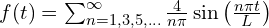  f(t) = \sum_{n=1,3,5,\ldots}^{\infty} \frac{4}{n \pi} \sin \left( \frac{n \pi t}{L} \right) 