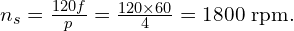  n_s = \frac{120 f}{p} = \frac{120 \times 60}{4} = 1800 \text{ rpm}. 