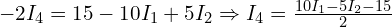  -2 I_4 = 15 - 10 I_1 + 5 I_2 \Rightarrow I_4 = \frac{10 I_1 - 5 I_2 - 15}{2} 