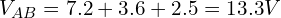 V_{AB} = 7.2 + 3.6 + 2.5 = 13.3V