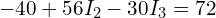  -40 + 56 I_2 - 30 I_3 = 72 