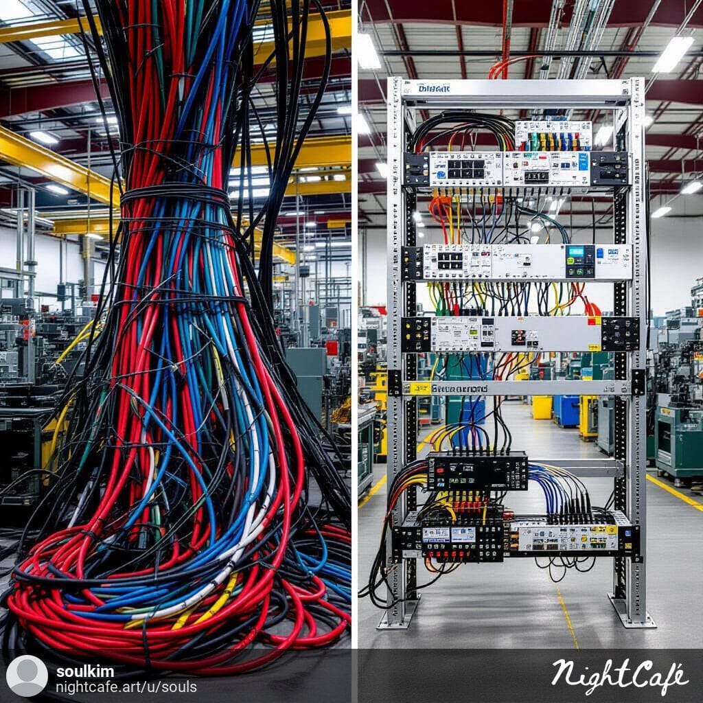 "Simplified wiring comparison showing fewer cables with DeviceNet"