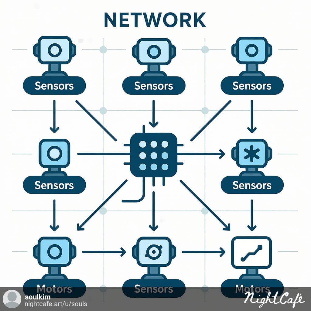"Diagram showing main controller and devices communicating in a network"