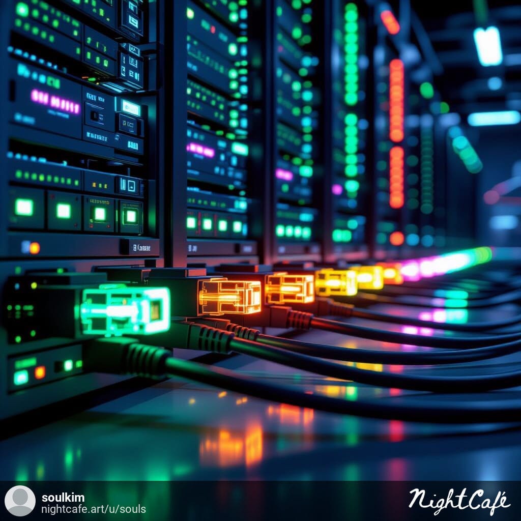Close-up of Cat5e, Cat6, Cat6a, and Cat8 Ethernet cables with glowing color-coded labels indicating different network speeds.