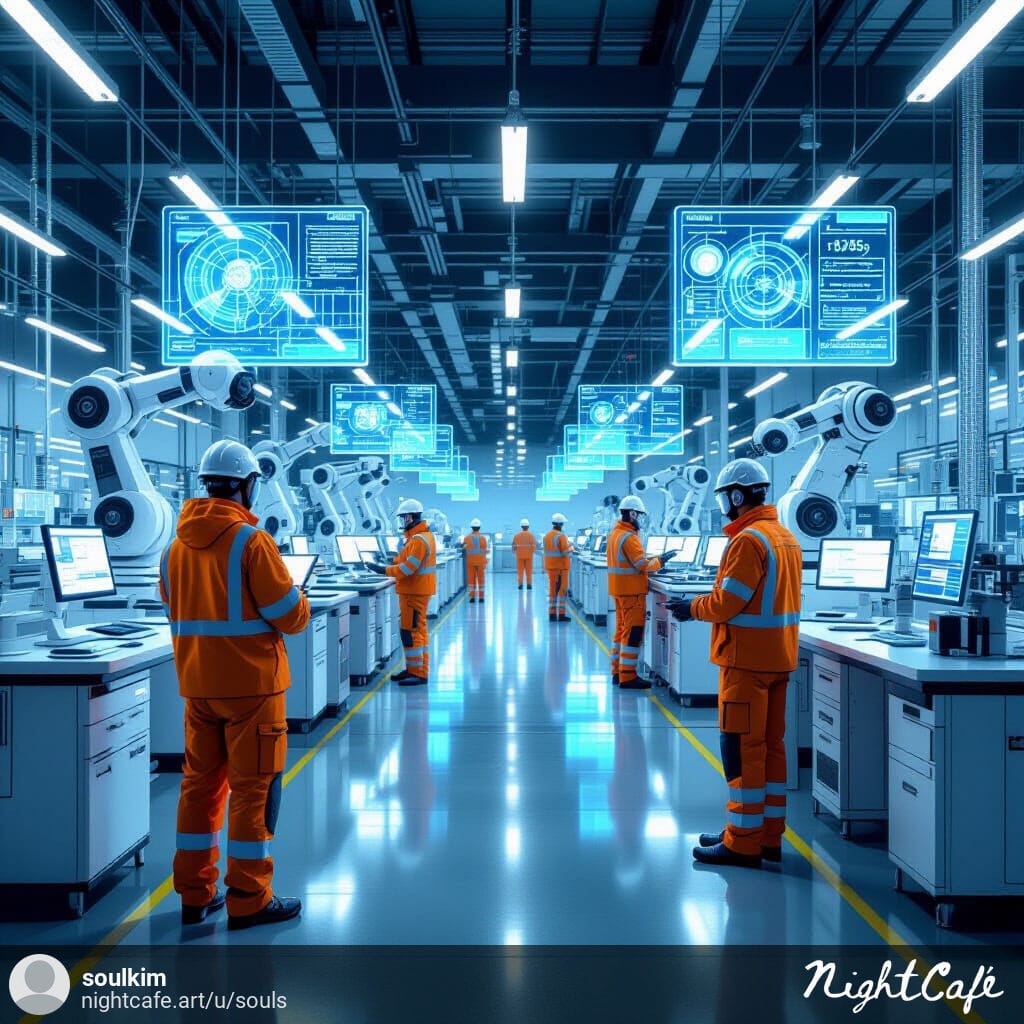 Futuristic factory floor with machines connected by Ethernet cables and workers monitoring real-time data, illustrating industrial Ethernet use.