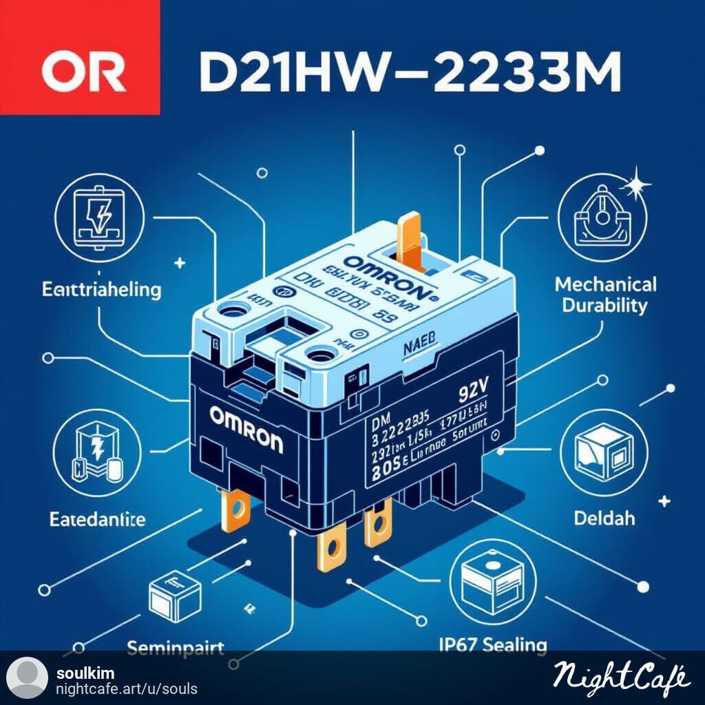 "Infographic showing technical specifications of OMRON D2HW-C223M micro switch."