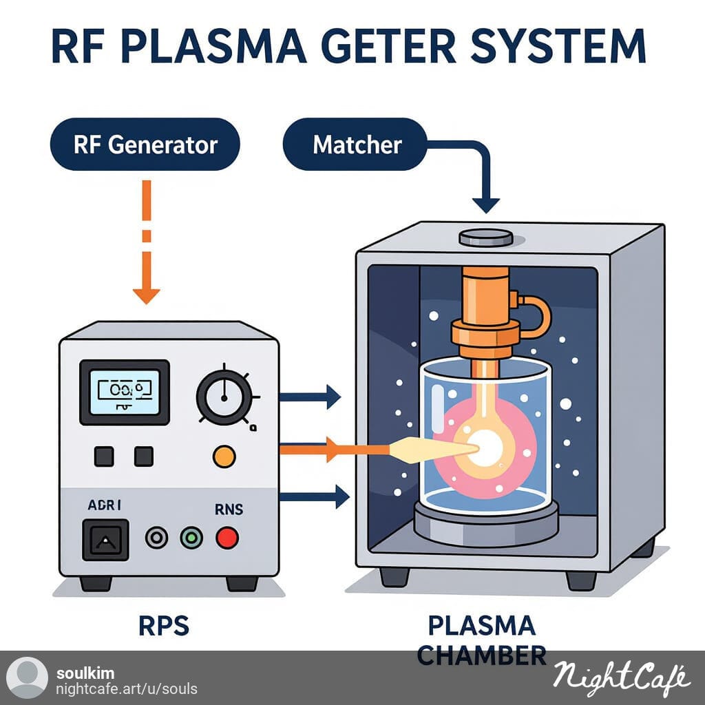 Diagram showing RF Generator, Matcher, and RPS connected in series to generate plasma.