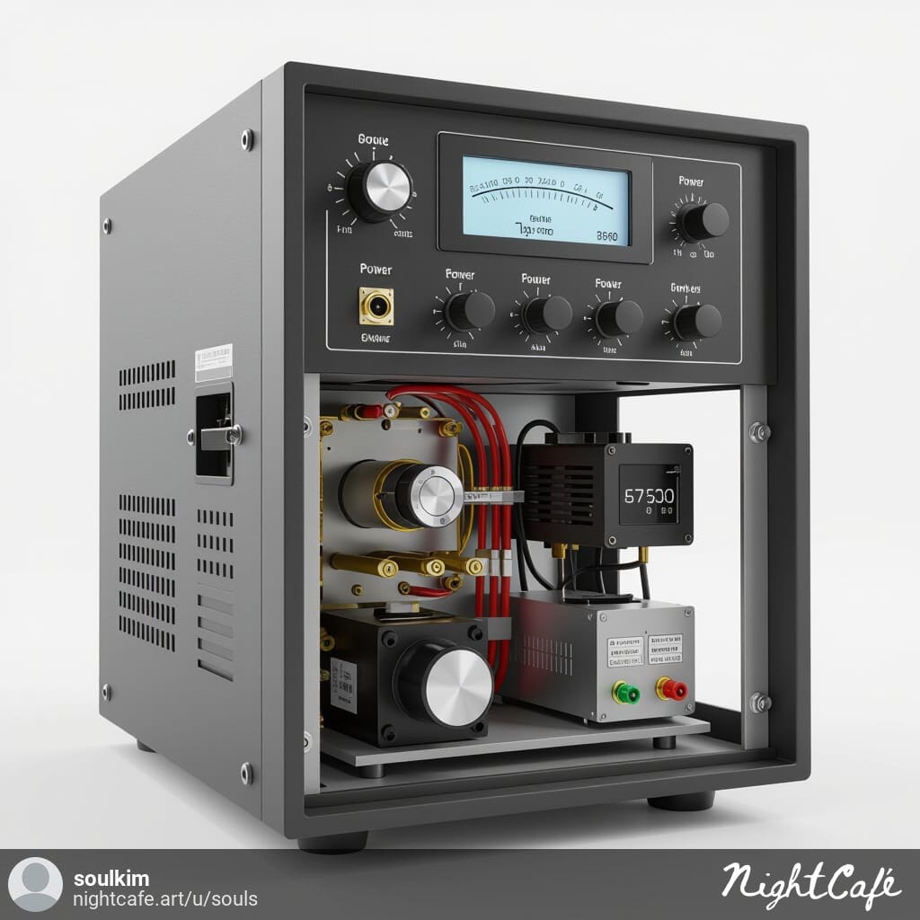 Industrial RF Generator showing front panel and internal structure for power generation.
