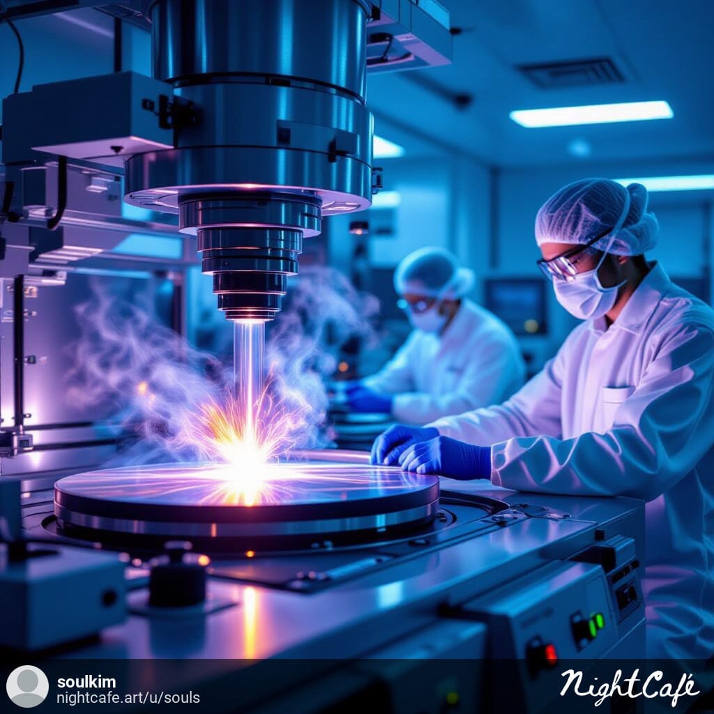 Plasma processing chamber in semiconductor fabrication, operated by engineers in cleanroom.