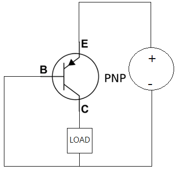 PNP transistor wiring diagram with emitter to +V, base through resistor to GND, and collector to load