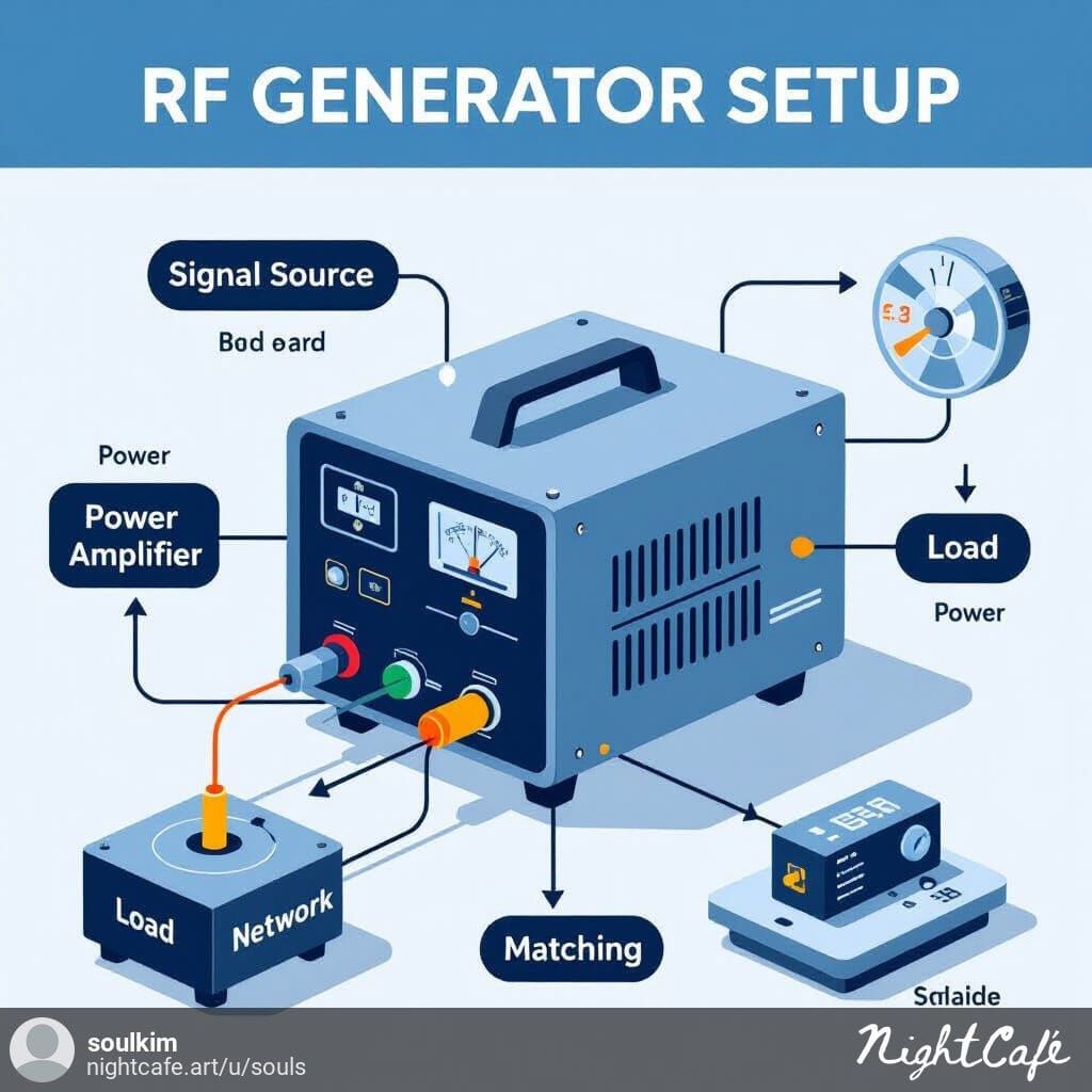 Basic block diagram of an RF generator showing signal flow from oscillator to load.
