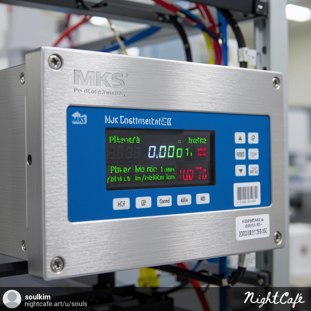 Industrial MKS RPS device showing labeled ports and plasma status display inside a cleanroom tool