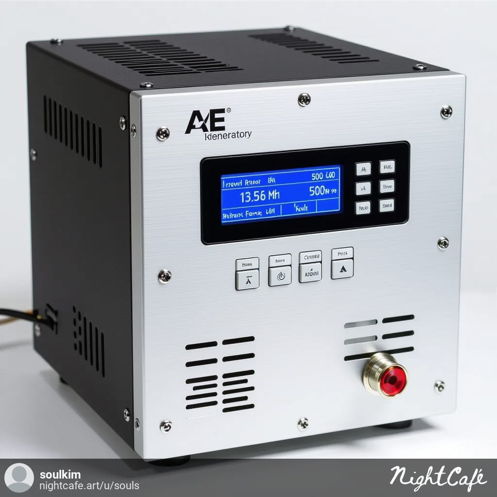 AE RF Generator with frequency display, RF output, and control ports inside semiconductor equipment