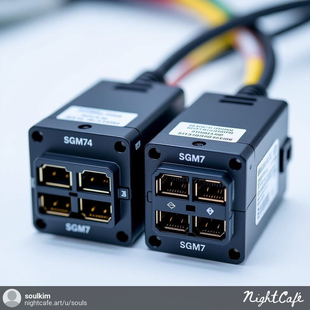 Close-up view of Sigma7 driver and motor showing labeled connection ports.