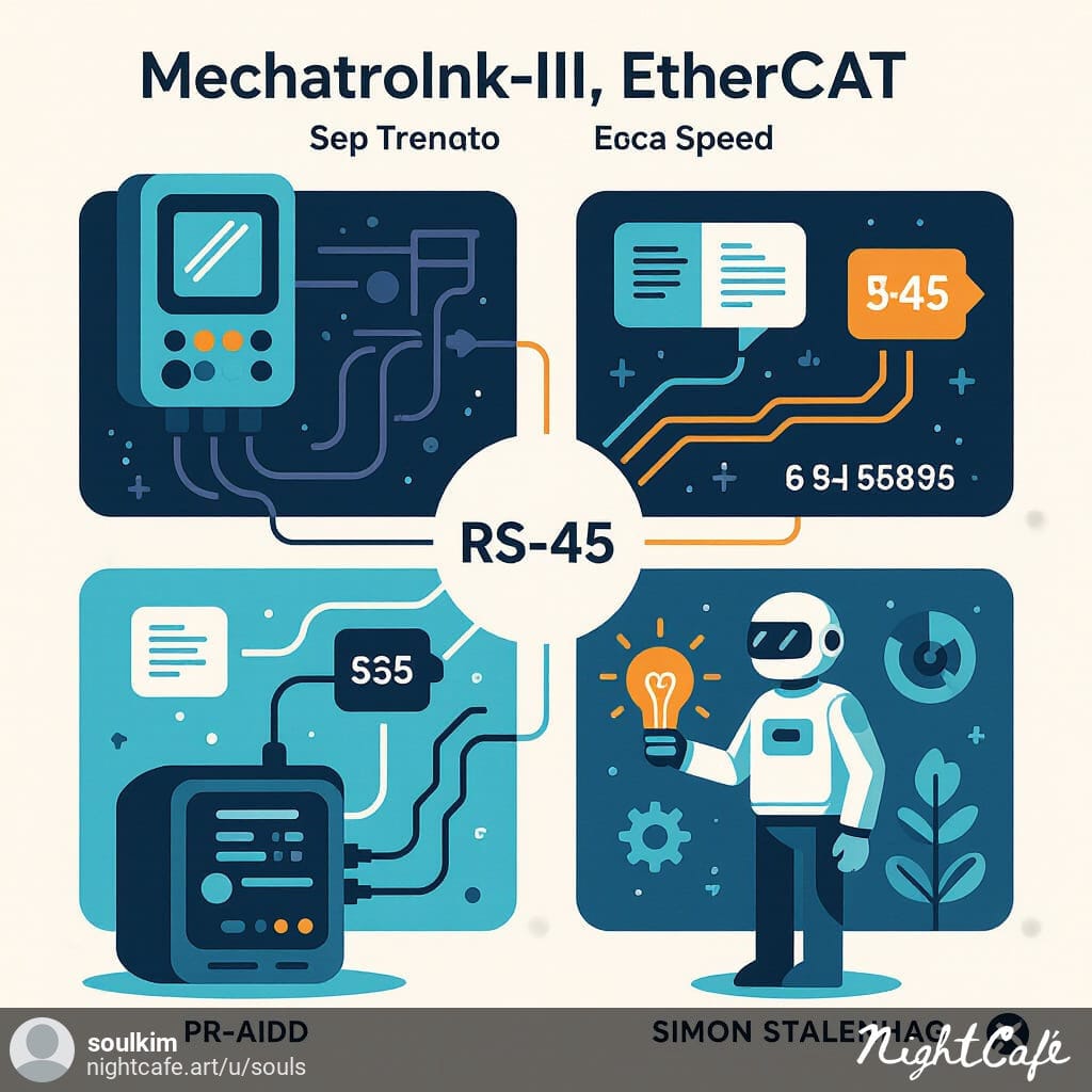 Infographic comparing MECHATROLINK-III, EtherCAT, and RS-485 protocols.