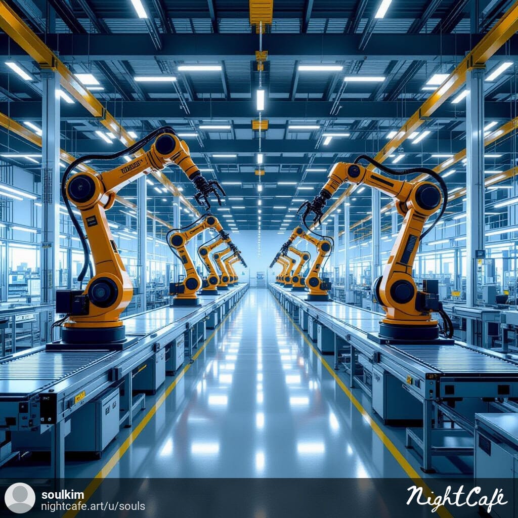 A modern industrial automation facility with robotic arms and conveyor belts in operation.