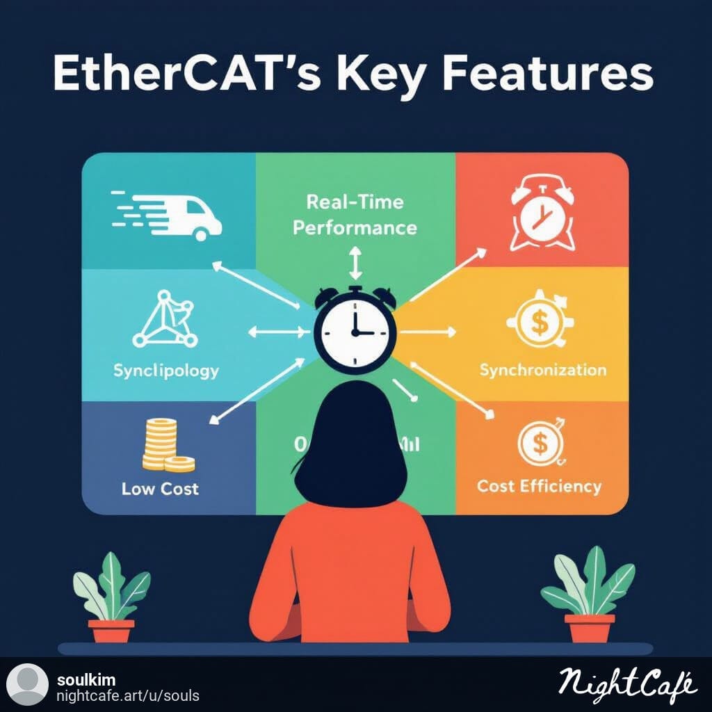 Infographic showing EtherCAT key features with icons for speed, topology, synchronization, and cost efficiency.