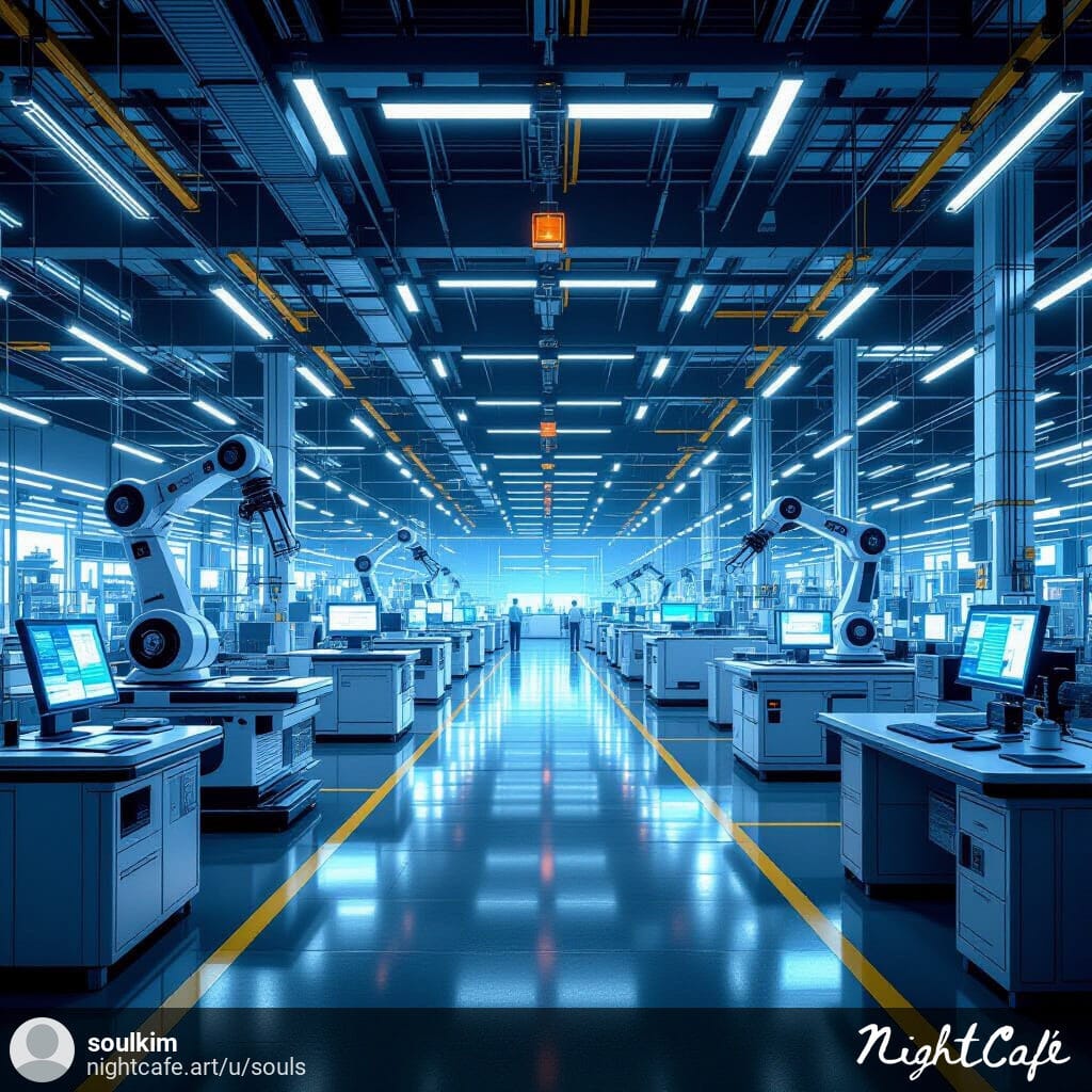 Panoramic interior of a smart factory with automated machines and real-time data monitoring screens.
