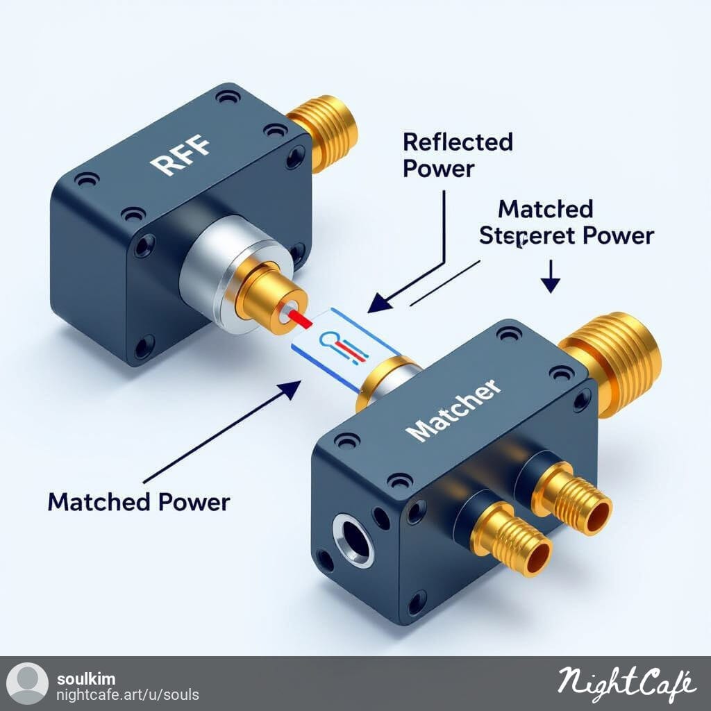Diagram showing RF signal flow from source through matcher to load, highlighting impedance matching and reflected power.