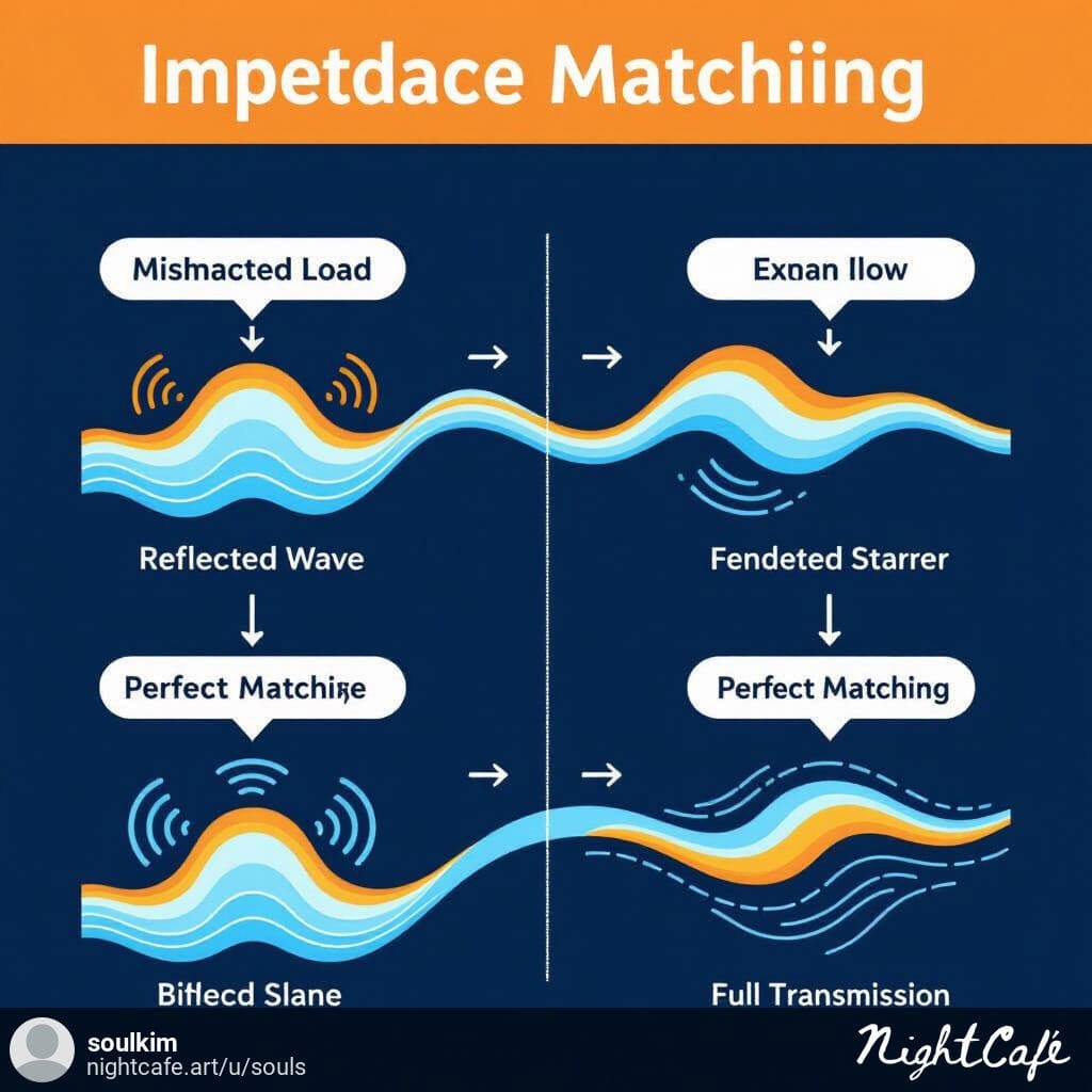 Infographic explaining impedance matching with reflected wave in mismatched load and full power transfer in matched load.