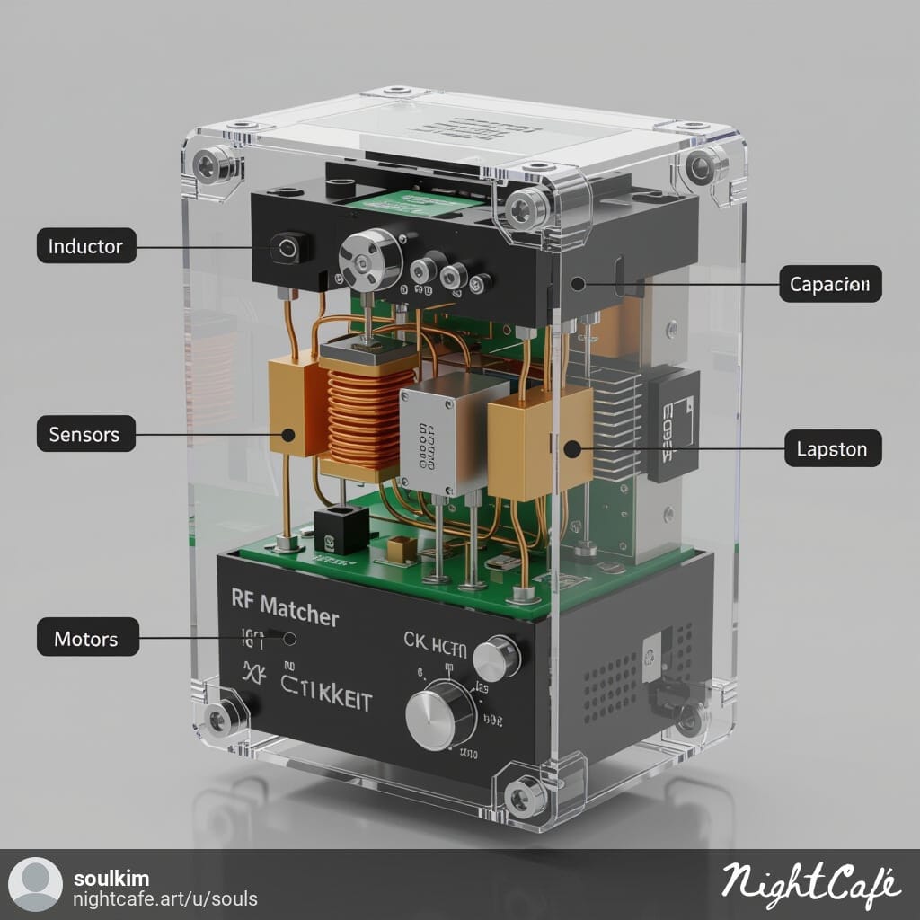 3D view of RF matcher with visible internal components like inductors and capacitors.