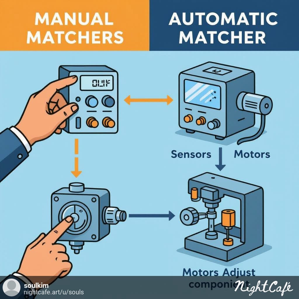 Diagram comparing manual RF matcher tuning with automatic matcher adjusting via sensors and motors.