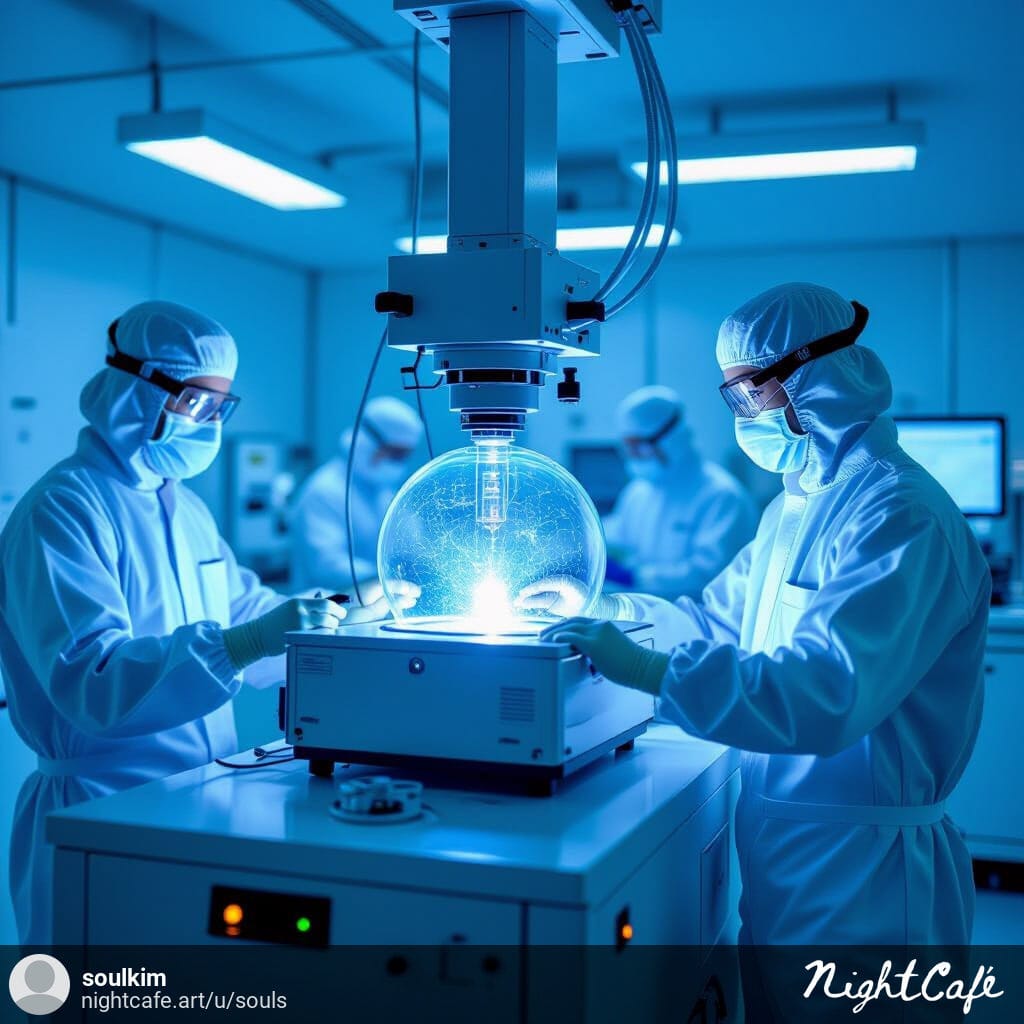 "Engineers in a cleanroom inspecting a Remote Plasma Source attached to a semiconductor manufacturing system."