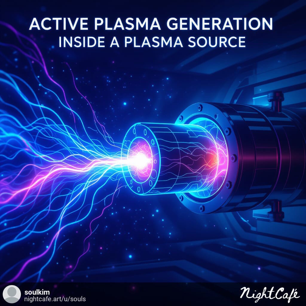"Artistic rendering of plasma generation inside a Remote Plasma Source with glowing plasma and ionized gases."