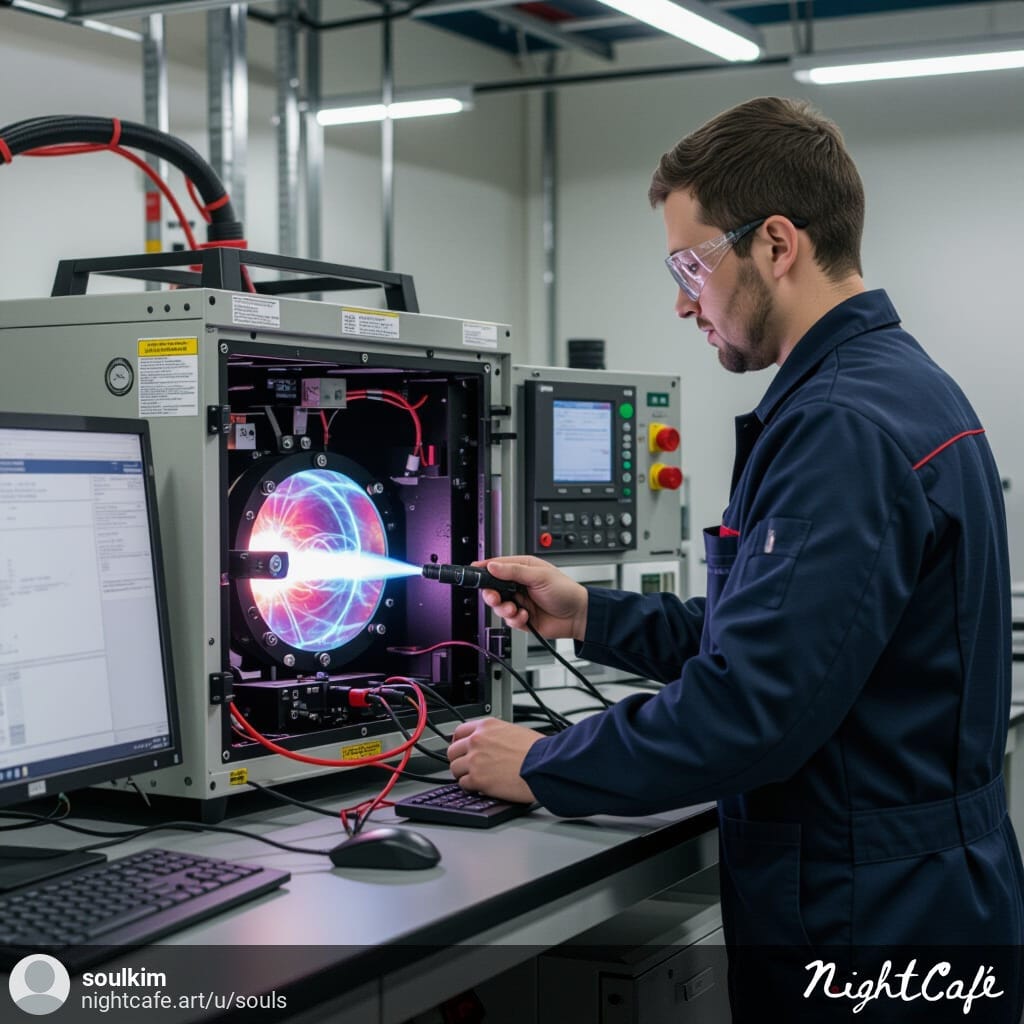 "Engineer performing maintenance and diagnostics on an open Remote Plasma Source unit in a high-tech environment."