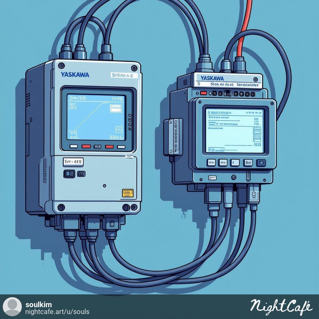 "Diagram of Yaskawa SIGMA-5 servo driver connected to PLC and HMI via RS-485 communication cable."