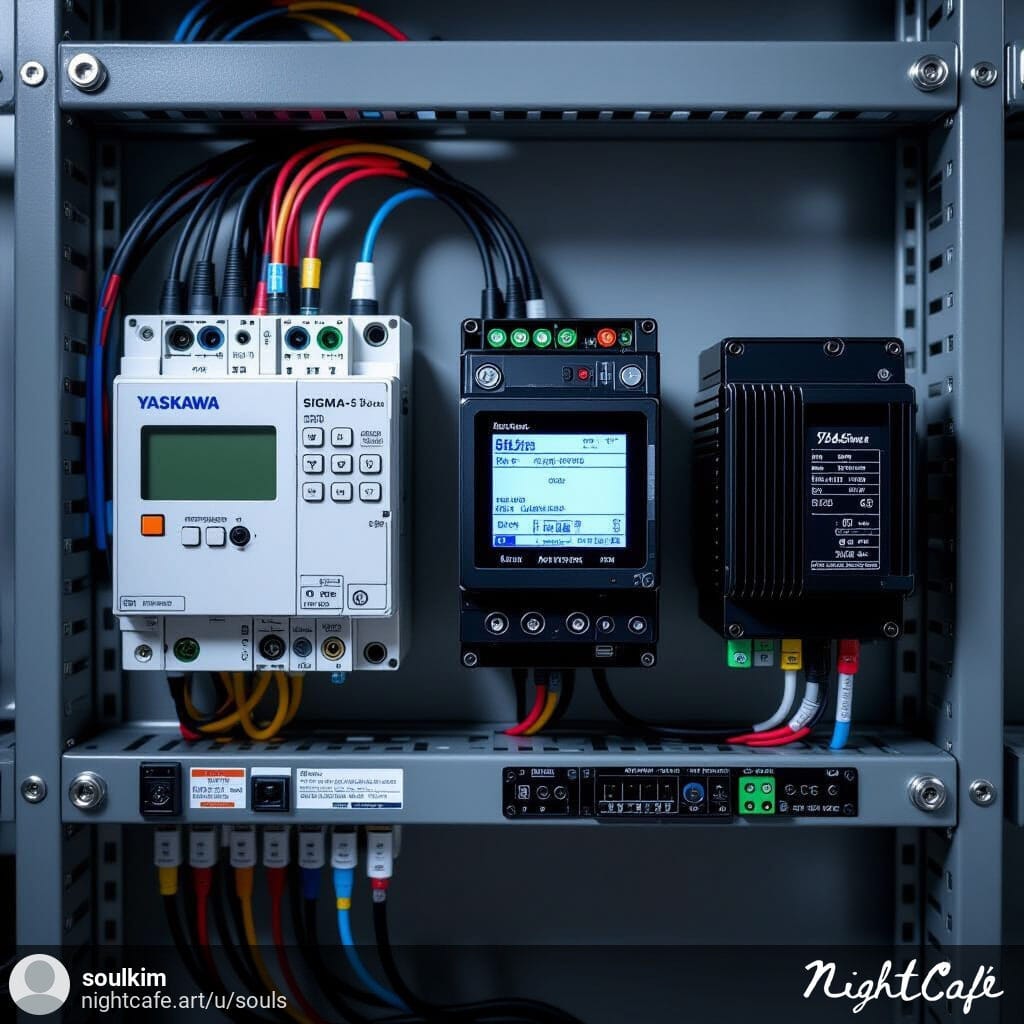 "Yaskawa SGDV-1R6AE servo driver connected to SIGMA-5 motor and RS-485 index module on industrial panel."